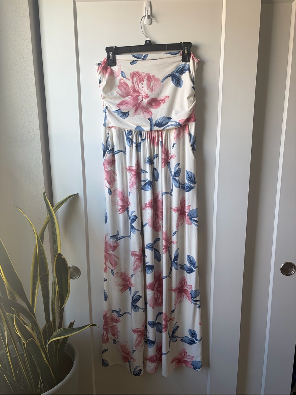 White Strapless Floral Maxi Dress with Pink & Blue Blooms